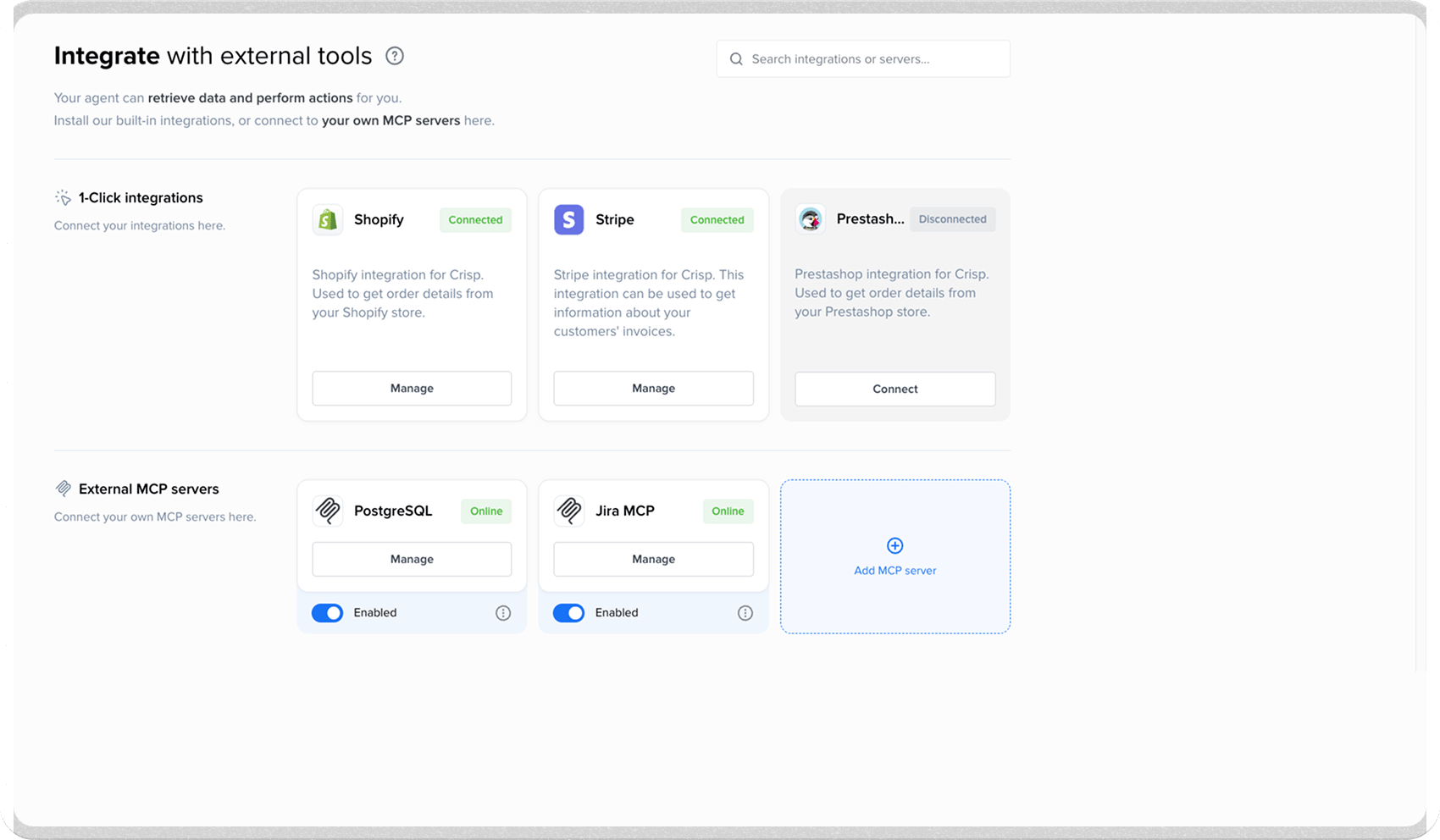 screenshot of Hugo's INTEGRATIONS feature